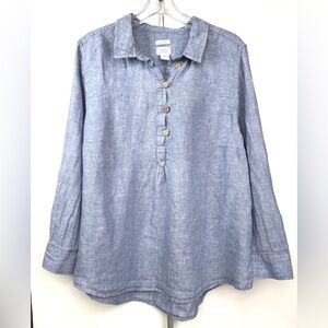 Sigrid Olsen Linen‎ Chambray Button Down Shirt A-line Roll Tab Long Sleeve 2X